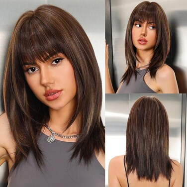 Dark Brown Wigs for Women layered Straight Wig with Bangs Natural Synthetic Hair