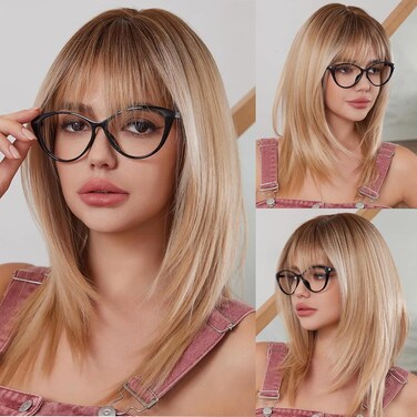 Light Blonde Wigs for Women layered Straight Wig with Bangs Natural Synthetic Hair with Dark Roots