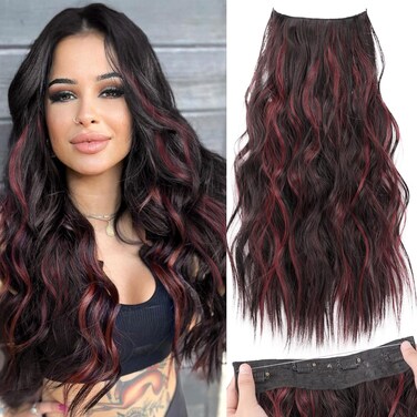 KooKaStyle Invisible Wire Hair Extensions with Transparent Headband Adjustable Size 4 Secure Clips Long Wavy Secret Wire Hairpiece 20 Inch Burgundy mix Dark Brown for Women