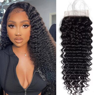 4x4 Deep Wave Lace Closure Human Hair 14 Inch HD Lace Closure Free Part 100% Brazilian Virgin Human Hair Extensions for Black Women 150% Density Lace Closure Pre Plucked Natural Color