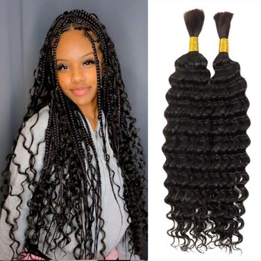 Deep Wave Bulk hair for Braiding No Weft Faux Micro Braiding Hair Braids Extensions for Box Boho Braids 2Braids Per Pack 150g (18Inch,#1B)