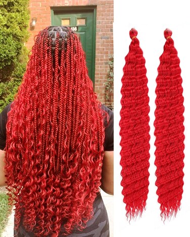 Red Curly Crochet Hair 30Inch 2 Packs Deep Wave Crochet Hair with Crochet Hook, Long Ocean Wave Braiding Hair for Women, Synthetic Hair Curly Braiding Hair Extensions