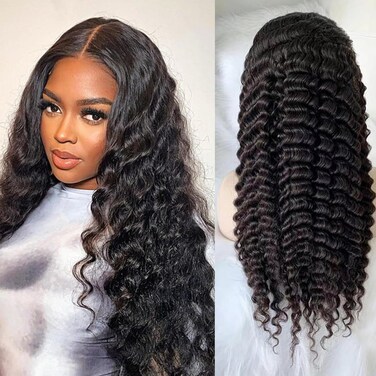 28 Inch Long Deep Wave Lace Frontal Wigs Human Hair 150% Density Glueless Wigs Human Hair Pre Plucked for Women 4x4 HD Transparent Lace Front Wigs Human Hair Brazilian Human Hair Curly Wigs