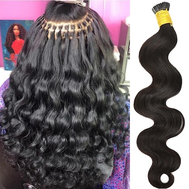 HAPPY&amp;CC Body Wave I Tip Microlinks Human Hair Extensions for Women Natural Black Pre Bonded 1g/strand 100g Stick Tip Hair Extensions Human Hair Bundles Brazilian Virgin Bulk Hair(20inch)