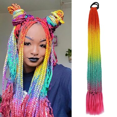 Rainbow Ponytail Hair Extensions for Girls Colored Braided Ponytail Wig Braids with Rubber Bands Hairpieces Synthetic Braiding Hair Accessories for Women Rainbow Festival Rave Crazy Hair Day