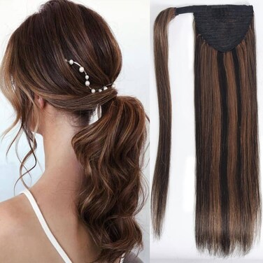 Tinashe Ponytail Human Hair Extensions Clip In Ponytail Hair Extension Real Human Hair Long Straight Wrap Around Ponytail Hair Piece Natural Black Pony Tails Extension For Women (14inch, P1B/30)