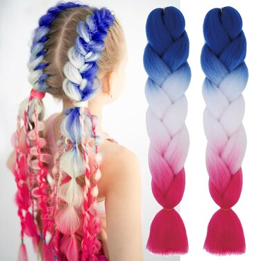 Colored Braiding Hair Extensions for Women Girls Red White Blue Ombre Jumbo Braids Crochet Synthetic Fiber Hair Pre Stretched High Temperature Heat Resistant Braiding Hair 24 Inch