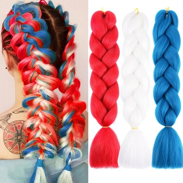 Colored Braiding Hair Extensions Red White Blue Ombre Jumbo Braids Crochet Synthetic High Temperature Fiber Hair Extension for Women Girls Box Twist Braids Crochet Braiding Hair 24 Inch