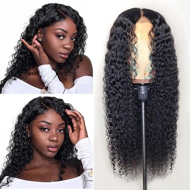 BWDCQMX Lace Front Wigs Long Black Wavy Wig Human Hair for Women 28" Deep Wave Wig with 4" Simulated Scalp for Black Women Human Hair Replacement Wigs for Daily Party Use