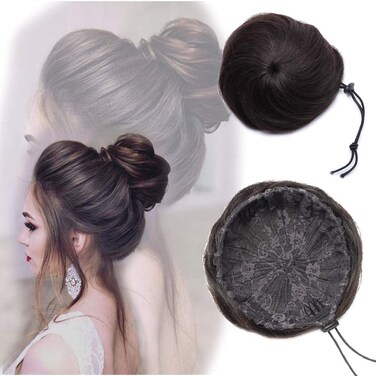 Messy Bun Hair Piece Human Hair Bun Scrunchy Updo Drawstring Clip in Bun Wavy Curly for Women Wedding Party Off Black #1B