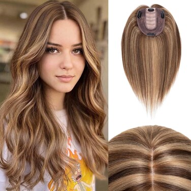 Rich Choices 100% Remy Human Hair Silk Base Top Hairpiece for Women Clip in Topper Hand-made Top Toppee Hairpiece 120% Density Middle Part with Thinning Hair 14'' #4P27 Medium Brown&amp;Dark Blonde 45g