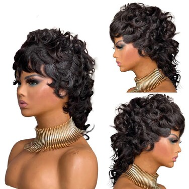 Mullet Wigs For Black Women Short Wigs for Black Women Wigs With Bangs Curly Wigs Natural Hairline Wig Hair Replacement Wigs 12Inch
