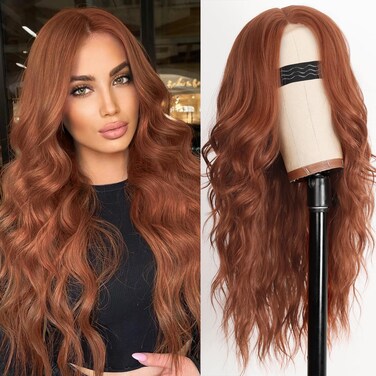 AISI HAIR Auburn Wigs for Women, Long Wavy Lace Hairline Middle Part Synthetic Heat Resistant Wig for Daily Party-26 Inch