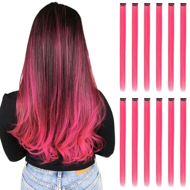12 Pieces Hot Pink Hair Extensions Clip in for Kids Girls Women, 22 Inch Long Straight Colored Heat Resistant Synthetic, Streak Extension Clips Ins Play Highlights