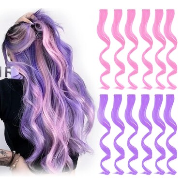 Colored Clip in Hair Extensions 12 Pieces Streak for Women Kids Girls, 16 Inch Wavy Curly, Party Highlights (6 Lavender purple+6 Light Pink Colorful)