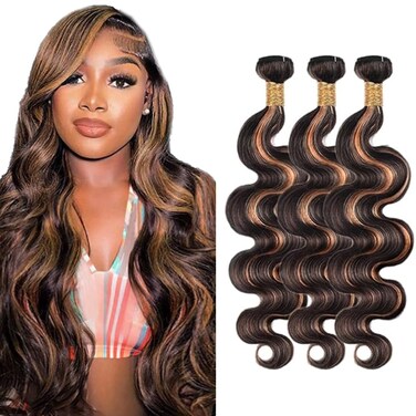 P1B/30 Bundles Highlight Body Wave Bundles Human Hair 8A Grade Brazilian Virgin Hair Mixed Length 3 Bundles 14 16 18 INch Two Tone Brown Mixed With Black Bundles Ombre Bundles Hair Extensions