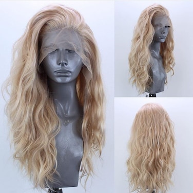 RDY Ash Blonde Long Body Wave Lace Front Synthetic Wig 24inch Mix Blonde Loose Wavy Lace Front Wigs for Women Heat Fiber Hair Half Hand Tied Wig Cosplay Daily Use Wig