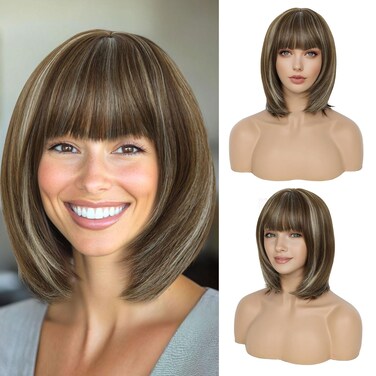 QUEENTAS Short Bob Wigs for Women Short Hair Wigs for Women with Bangs Brown Wig Brown Bob Wig fSynthetic Hair Wigs (Brown and Highlight Blonde)