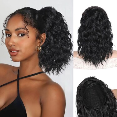 QGZ Black Ponytail Extension 14 Inch Drawstring Ponytail for Women Synthetic Short Curly Wavy Fluffy Clip in Ponytail Hair Extensions for Daily Halloween Use