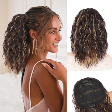QGZ Highlights Ponytail Extension 14 Inch Drawstring Ponytail for Women Synthetic Short Curly Wavy Fluffy Clip in Ponytail Hair Extensions for Women(Chocolate Brown with Caramel Blonde Highlights)