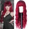Red Wig with Bangs Ombre Red Long Wavy Wig with Bangs Dark Root Loose Wave Curly Red Wigs for Women Red Synthetic Wigs for Daily Cosplay Party 24 Inch