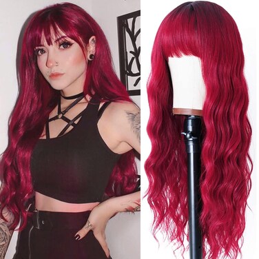 Red Wig with Bangs Ombre Red Long Wavy Wig with Bangs Dark Root Loose Wave Curly Red Wigs for Women Red Synthetic Wigs for Daily Cosplay Party 24 Inch