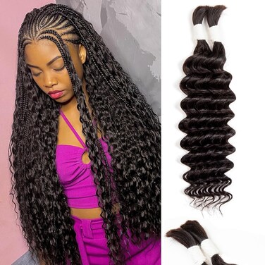 Human Hair Braiding Hair Deep Water Wave 2 Bundles/Pack 50g 16 Inch, Bulk Human Hair Braiding Hair for Boho Braids Natural Color, Curly Wet and Wavy Braiding Boho Human Hair for Micro Braiding