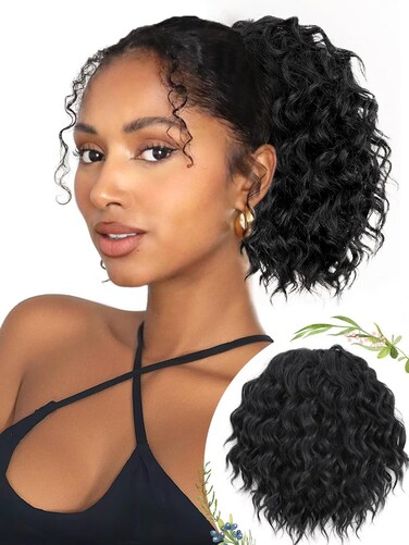 Isaic Ponytail Extension 8 Inch Short Wavy Curly Ponytails Drawstring Ponytail for Black Women Jet Black Pony Tails Hair Extensions Synthetic Hairpiece for Daily Use