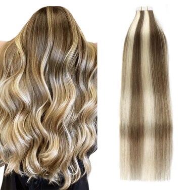 YME YME Tape in Hair Extensions Human Hair Natural Highlights Chestnut Brown to Chocolate Brown to Platinum Blonde Hair Tape Extensions Straight 22inch 50g 20pcs