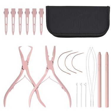 Hair Extension Tool Kit Pink Color Hair Extension Pliers for Micro Beads Remover Cloth Bag Hair Loop Tool Weft Extensions Salon Barber Accessories