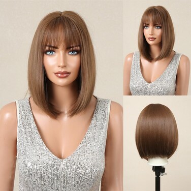 10 Inch Short Brown Wig with Bangs Straight Brown Bob Wigs for Women Heat Resistant Fiber Hair wigs for Daily Party Use
