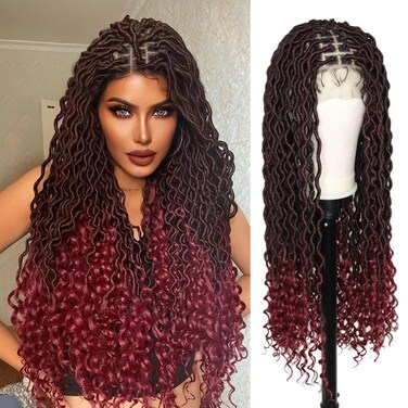 Ebingoo 34'' Braided Wigs for Black Women Lace Front + Wig Cap Front Goddess Locs Wig Dreadlock Wig Lace Front Cornrow Knotless Box Braided Wig Lace Faux Locs Wigs for Women Girls Daily Wear