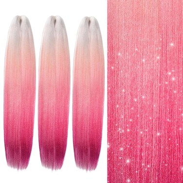 EMMOR Pre Stretched Braiding Hair 3 Packs Braid Crochet Hair 24 Inch Hot Water Setting Professional Soft Yaki Texture(White-Pink)