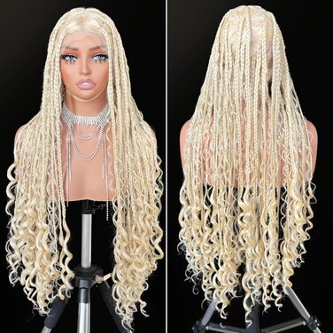 Platinum Blonde Knotless Triangle Box Braid Wig Boho Box Braided Wigs for Black Women Transparent Single Full Lace Braided Wig with Baby Hair