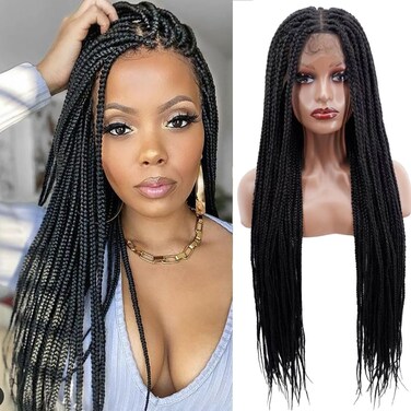 Estilar 36" 13x6 Lace Front Box Braided Wigs for Black Women Knotless Cornrow Braids with Baby Hair Synthetic HD Lace Frontal Wig Handmade Braided Wigs Natural Black