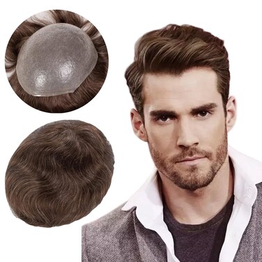 Mens Toupee Human Hair Pieces Super Soft Thin Skin with V-loop knot Hairpieces for Men 8x10 Inch Cap Mens Hair System mens hair system #310(Brown Color With 10% Gray Hair)