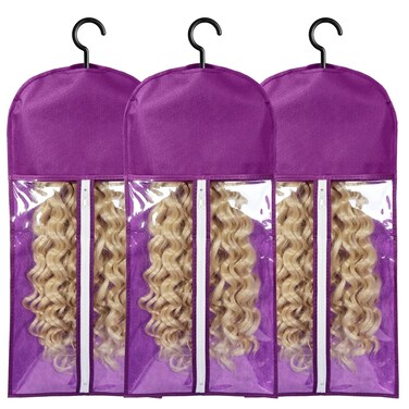 3PCS Wig Bags Storage with Hanger Wig Holder Wig Hanger for Multiple Wigs Portable Hair Extension Holder Dust-proof Hair Extension Storage Wigs Stand Hair Extensions, wigs &amp; accessories (Purple)