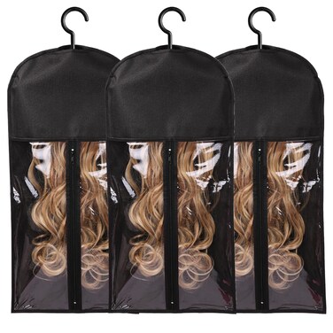3PCS Wig Hanger - Multiple Wig Holder &amp; Storage Bags with Hook - Dust-proof Hair Extension Storage (Black)