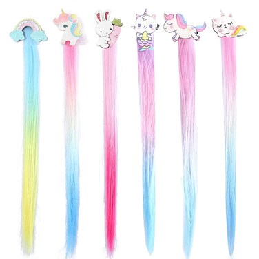 6 PCS Hair Extensions Clip - Carton Straight Curly Hairpieces Clips, Cute Unicorn Accessories Hair Extensions for Kids Ponytails Girls, Rainbow Thick Wig Clip in Fake Bangs (Curly Hair 02)
