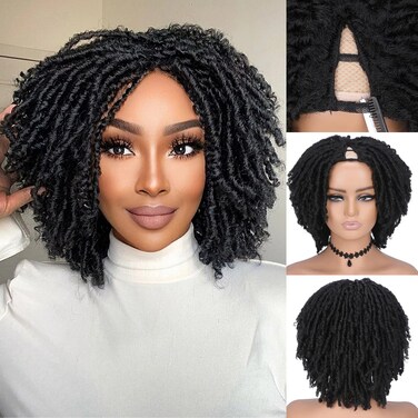 Short Dreadlock Wigs V Part Faux Locs Wigs for Black Women Natural Synthetic Afro Twist Wig for African American Glueless Soft Locs Layered Bob Wig for Daily Use(Black, 12 Inches)