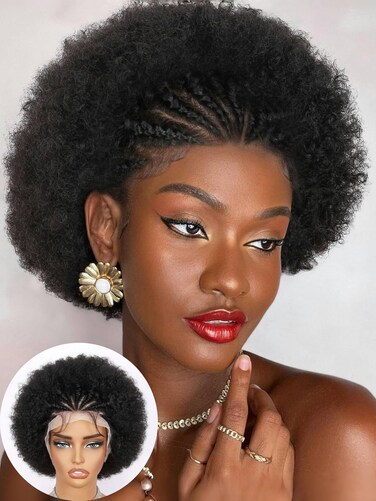 Fancy Hair Cornrow with Afro Puff Wig HD Lace Front Braided Wig with Baby Hair Pre Plucked Glueless Transparent 13x4 Inch Lace Frontal Wigs for Black Women Natural Hairstyle