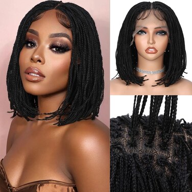 Fancy Hair Braided Wig Square Knotless Box Braided Wigs 13X6 Lace Front Wig with Baby Hair Synthetic Black Bob Braid Wig for African American Women