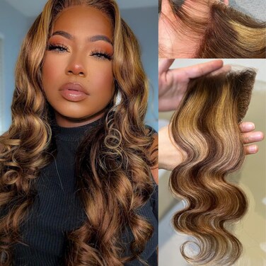 ALHER Ombre 4/27 Body Wave 4x4 Closure Human Hair Honey Blonde Highlight Brown Ombre Color Wavy Free Part Melt 4x4 Lace Closure 20 Inch 10A Brazilian Virgin Remy Human Hair Pre Plucked With Baby Hair