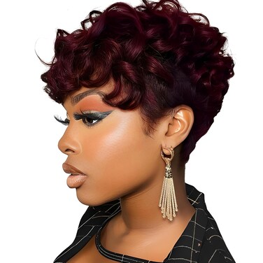Short Pixie Cut Wigs for Black Women Short Curly Wig 99J Burgundy Pixie Cut Wigs Layered Pixie Wigs Wine Red Short Wigs(Burgundy)