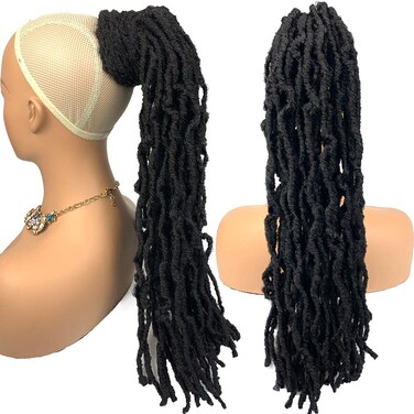 HAPPY&amp;CC Braided Drawstring Ponytail Long Nubian Locs Hair Pieces Ponytail Bun Clip in Braiding Hair Drawstring Ponytail Crochet Braids Hair Extensions for Black Women(#1B, 20&rdquo;)