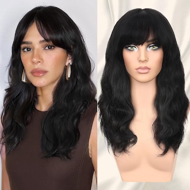 FAVE 16 Inches Human Hair Wig with Bangs Natural Wave Wigs Human Hair 1 * 3 HD Lace Top Black Wig with Bangs for Women,100% Real Human Hair Wigs Curtain Bangs Wig Human Hair (1B)