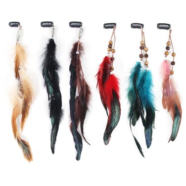 New Feather Hair Clip Extensions Handmade Feather Extension Tribal Feather Braided Beads Headdress 6 PCS