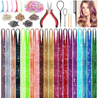 6000 Strands Hair Tinsel Kit in 20 Colors, Glitter Tinsel Hair Extensions Kit Heat-resistant, Fairy Hair Tinsel Tool for Shiny Hair Extension, Women Girls Hair Accessories at Party