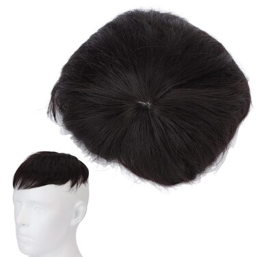 Men Hair Unit Wig Male Hair Pieces Short Wig, Black Short Straight Hair High Temperature Fiber Bald Head Fake Hair Wig, Head Top Short Straight Black Hair Wig