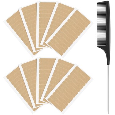 120 Pieces Hair Extension Tabs with Double-Sided Adhesive, No-Residue Replacement Tapes, Rat Tail Comb and Stainless Steel Pintail Comb